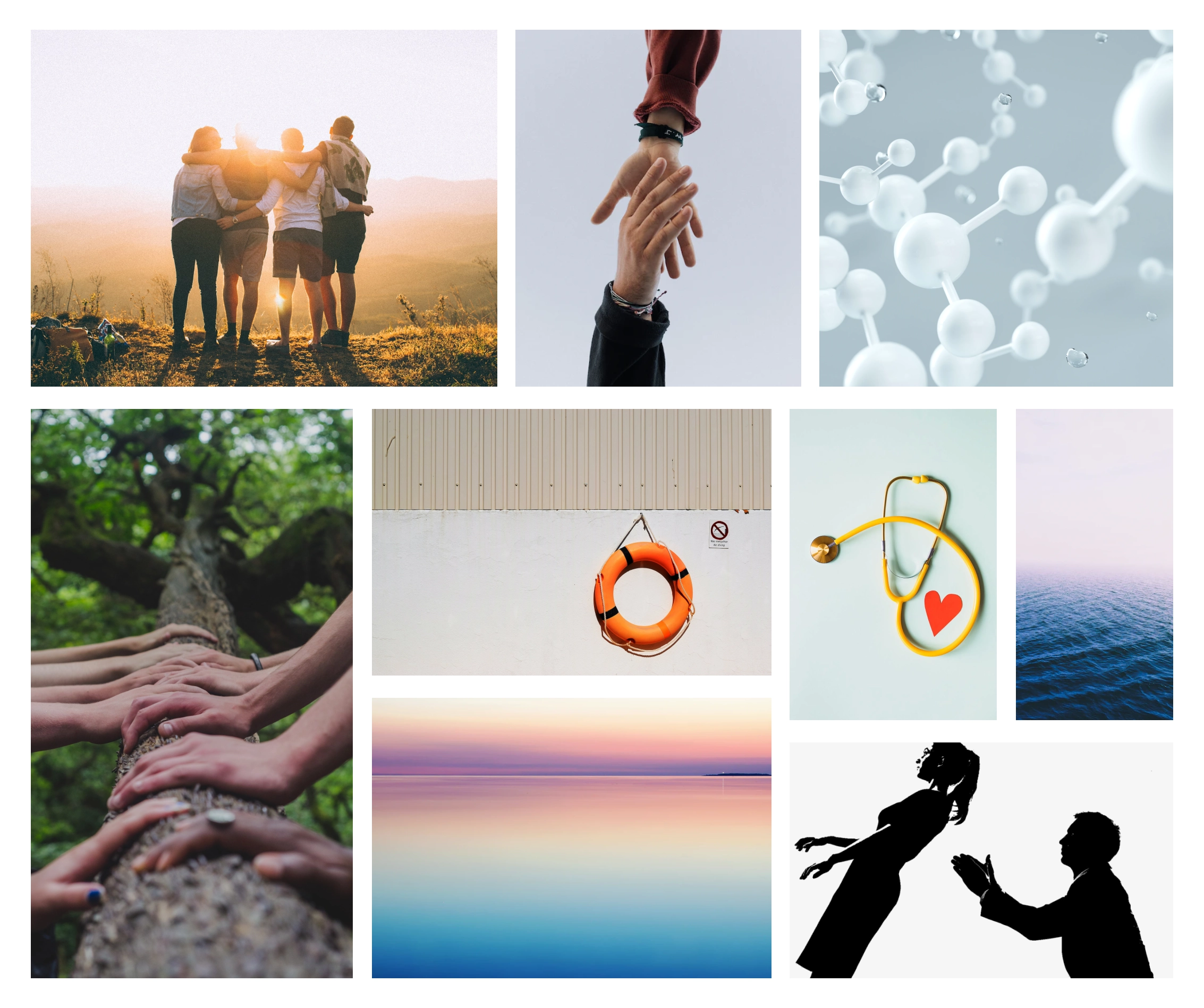 Mood board featuring images of connection, health, and peace.