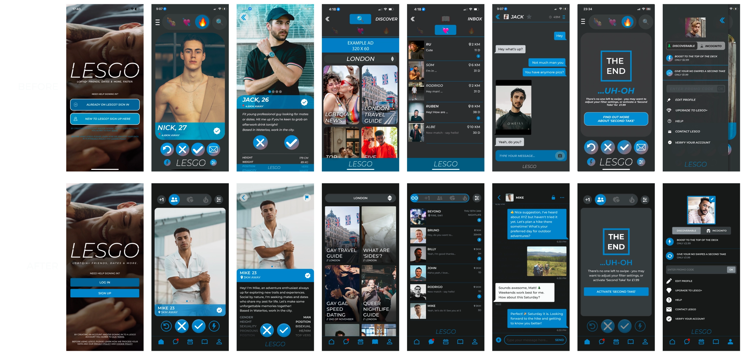 Comparison screenshot of the LESGO app interface before and after the redesign. The 'before' side displays early versions of sign-in, user profiles, content discovery, and inbox screens, while the 'after' side showcases a modernized, streamlined design that enhances usability while preserving the app’s playful queer vibe.