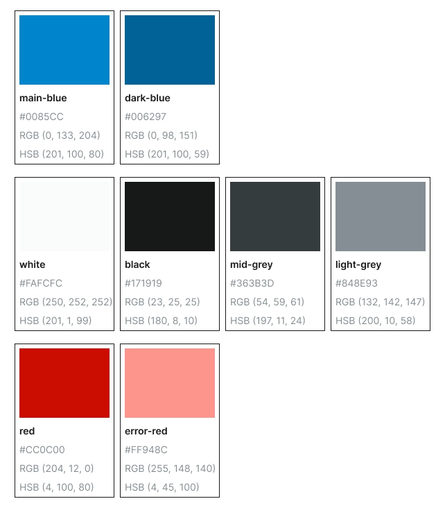 Final color palette for the LESGO app redesign: showcasing the refined and cohesive color scheme that features the app’s signature blue alongside bold off-white and off-black tones, enhanced with subtle gradients to create a modern, accessible aesthetic.