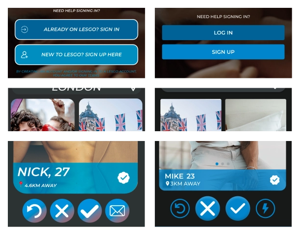 Comparison image showing the evolution of border radiuses in the LESGO app redesign. The 'before' view features inconsistent, random corner curves, while the 'after' view showcases a systematic approach with a 4px radius on most elements, a 16px rounding on swipe cards, and fully rounded corners on selective elements for emphasis.
