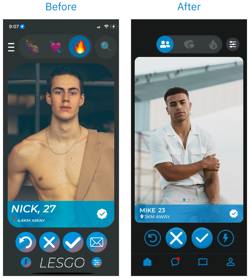 Side-by-side comparison of navigation designs. Left shows an ambiguous minimalist format; right displays a clearly labelled navigation bar with Home, Messages, Explore, and Profile/Settings