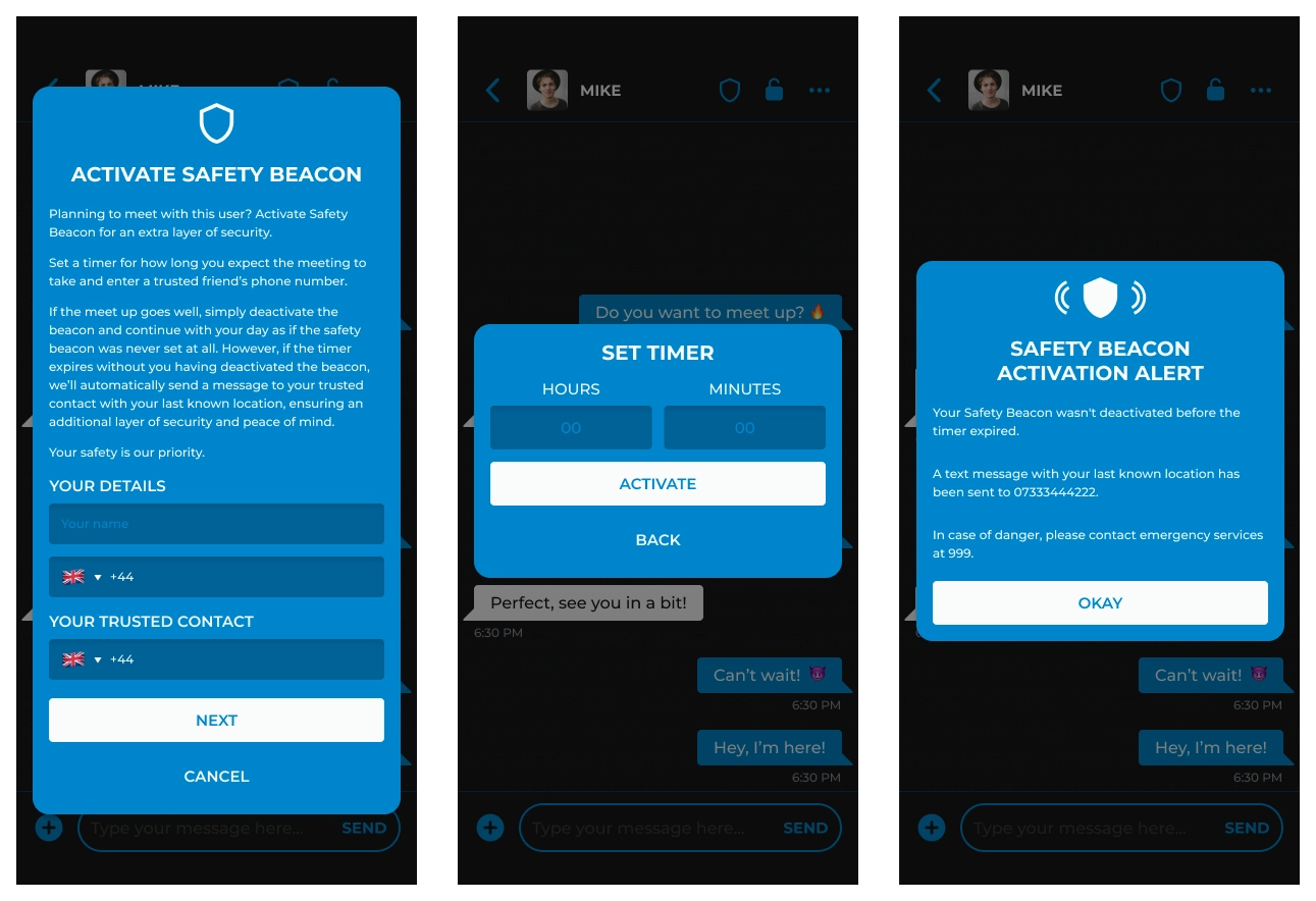 Three-part wireframe for the Safety Beacon feature. The first screen shows the activation interface, where the user initiates a safety alert that will send their location to a trusted contact unless deactivated. The second screen presents an interface for setting a timer for the beacon. The third screen displays the triggered state of the beacon, indicating that the safety alert is active.