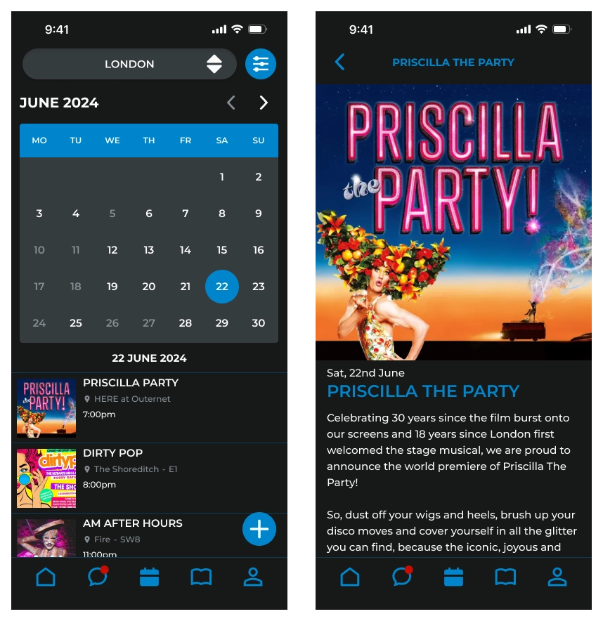 Two-part screenshot of an events calendar interface. The first screenshot displays the full monthly calendar view with dates marked for upcoming events. The second screenshot zooms in on a specific party event, showing key details.