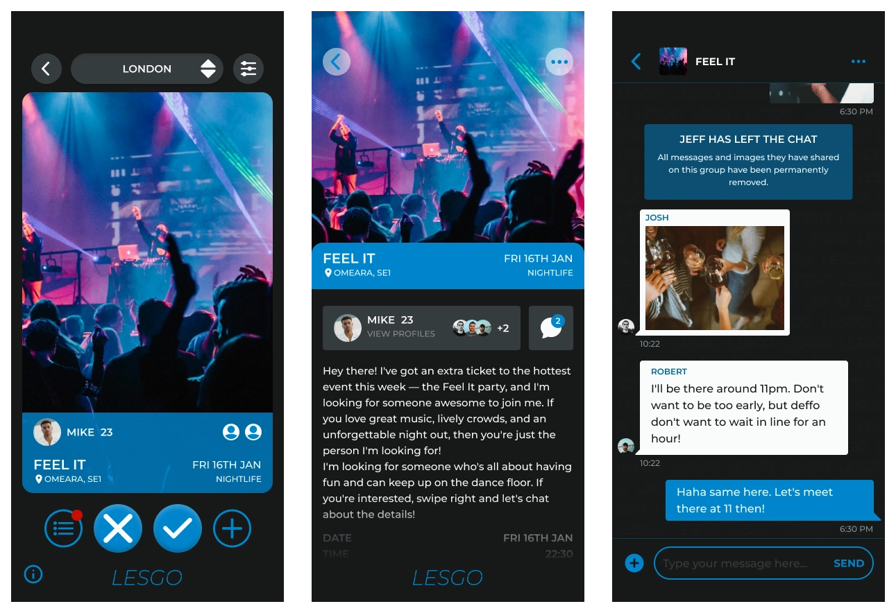 Three-screen wireframe of the +1 feature. The first screen shows the selection screen, where user swipe cards just like they swipe to find a match. The second screen shows the details of the event. The third screen shows a group chat.