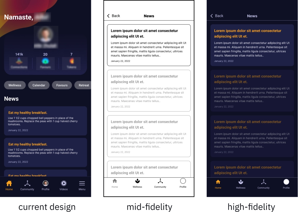 Three side-by-side interface designs comparing iterations of the ZenLife app. The first screenshot shows the same homepage as in the previous image. The new design shows a simple an minimalist news feed, separate from the homepage.