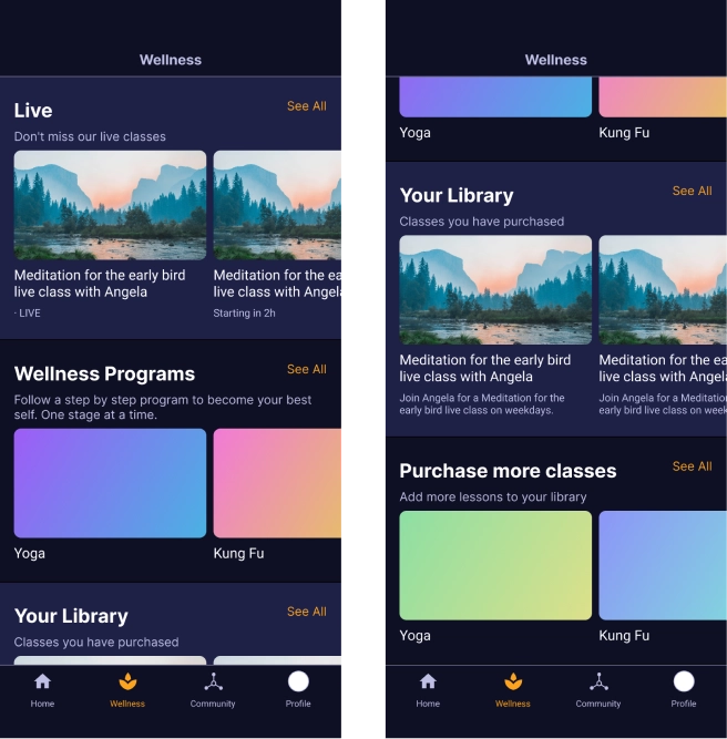 Two mobile screenshots of the ZenLife wellness interface. The first screenshot displays the top view with clearly defined sections for Live sessions, Wellness Programs, Your Library, and a 'Purchase More Classes' button. The second screenshot shows the same screen scrolled down to reveal additional wellness program cards below the initial viewport