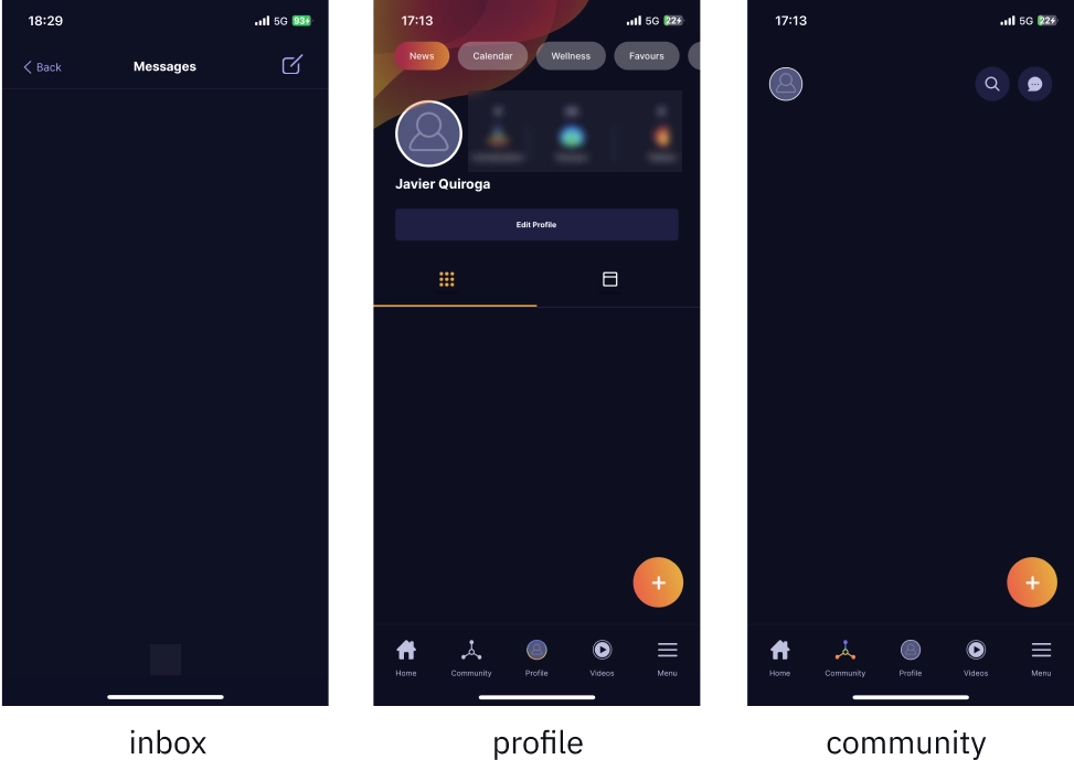 Three screenshots of the app, showing the inbox, the profile, and the community page. All three are blank without any content.